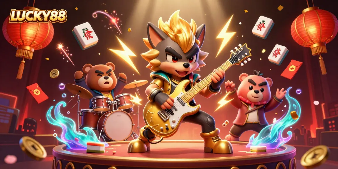 LUCKY88, enjoy thrilling gaming action with rock star characters on a vibrant casino stage.