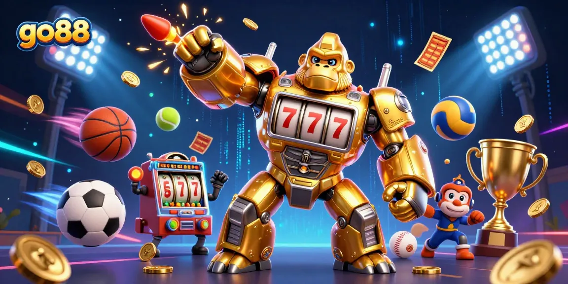 Experience fun and excitement at go88 with dynamic gaming action featuring a golden gorilla mech.