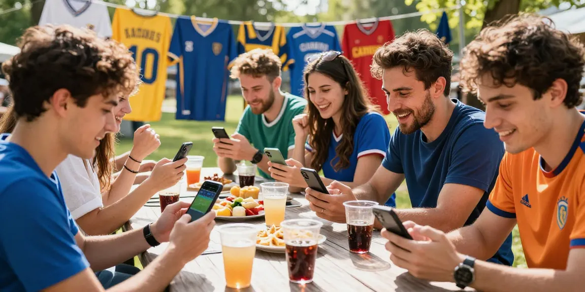 Zahraniční sázkové kanceláře v živé atmosféře s přáteli, kteří sledují sportovní zápasy na mobilech.