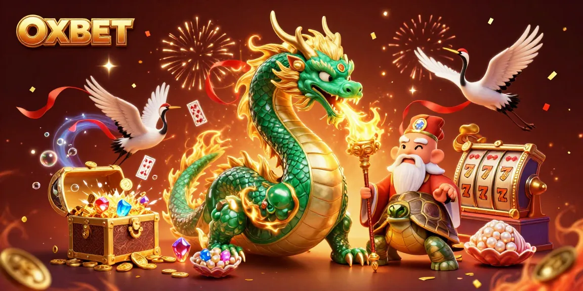 Experience the thrilling world of OXBET with a dragon and turtle sage amid vibrant casino elements.