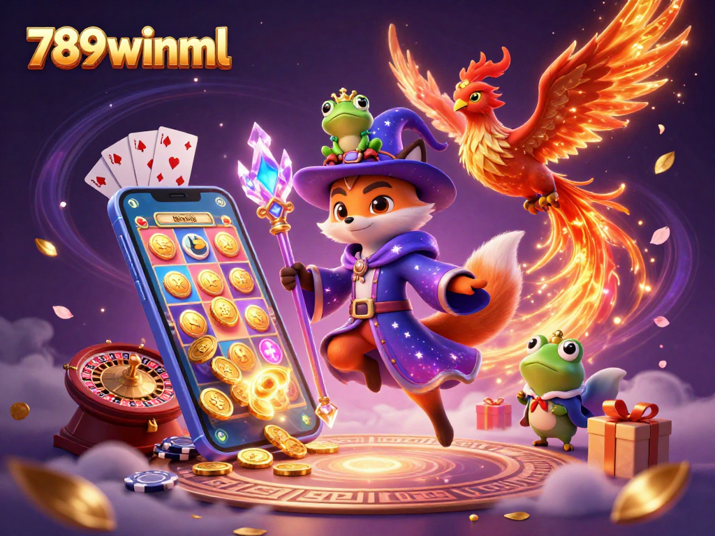 Engage in thrilling gaming action with 789winml, featuring a wizard fox amidst casino elements.