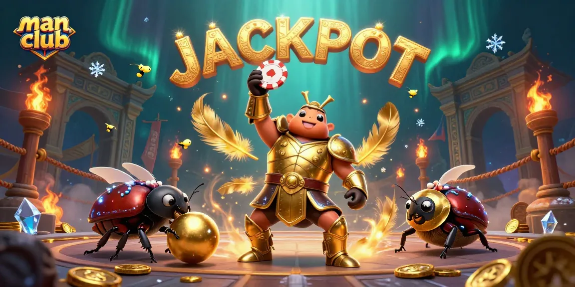 Win big at man club with a victorious beetle champion in a vibrant casino scene.