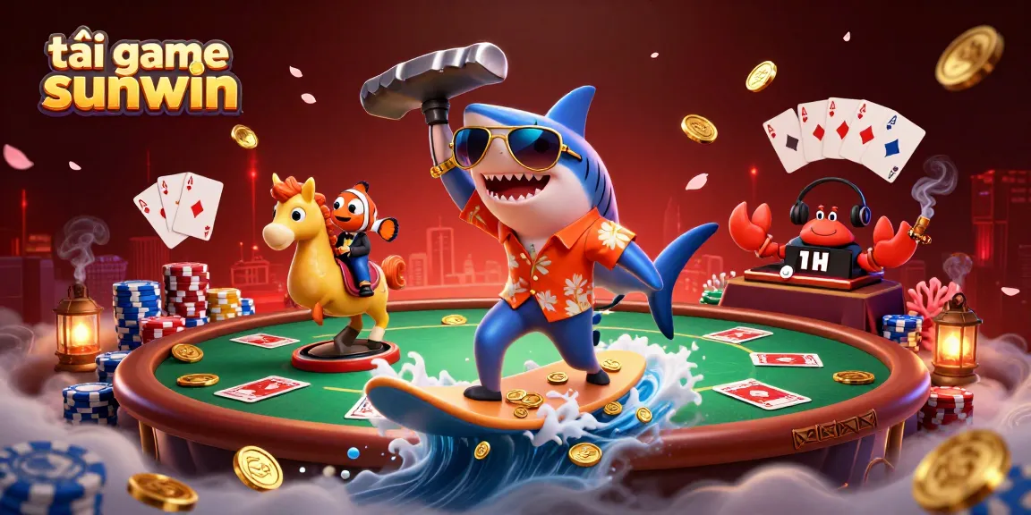 Tải game sunwin with a vibrant scene of a cartoon shark surfing on gold coins amid poker elements