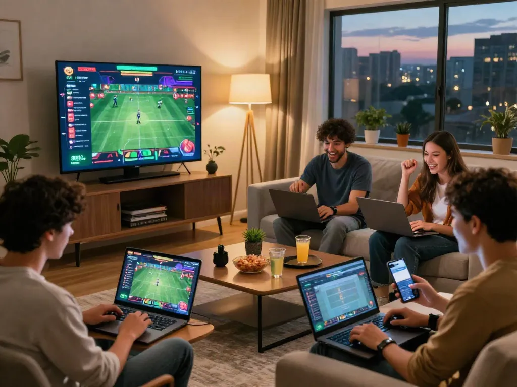 Friends engaging in lively gaming experience with https://fabet.com.mx/ on various devices in a cozy living room.