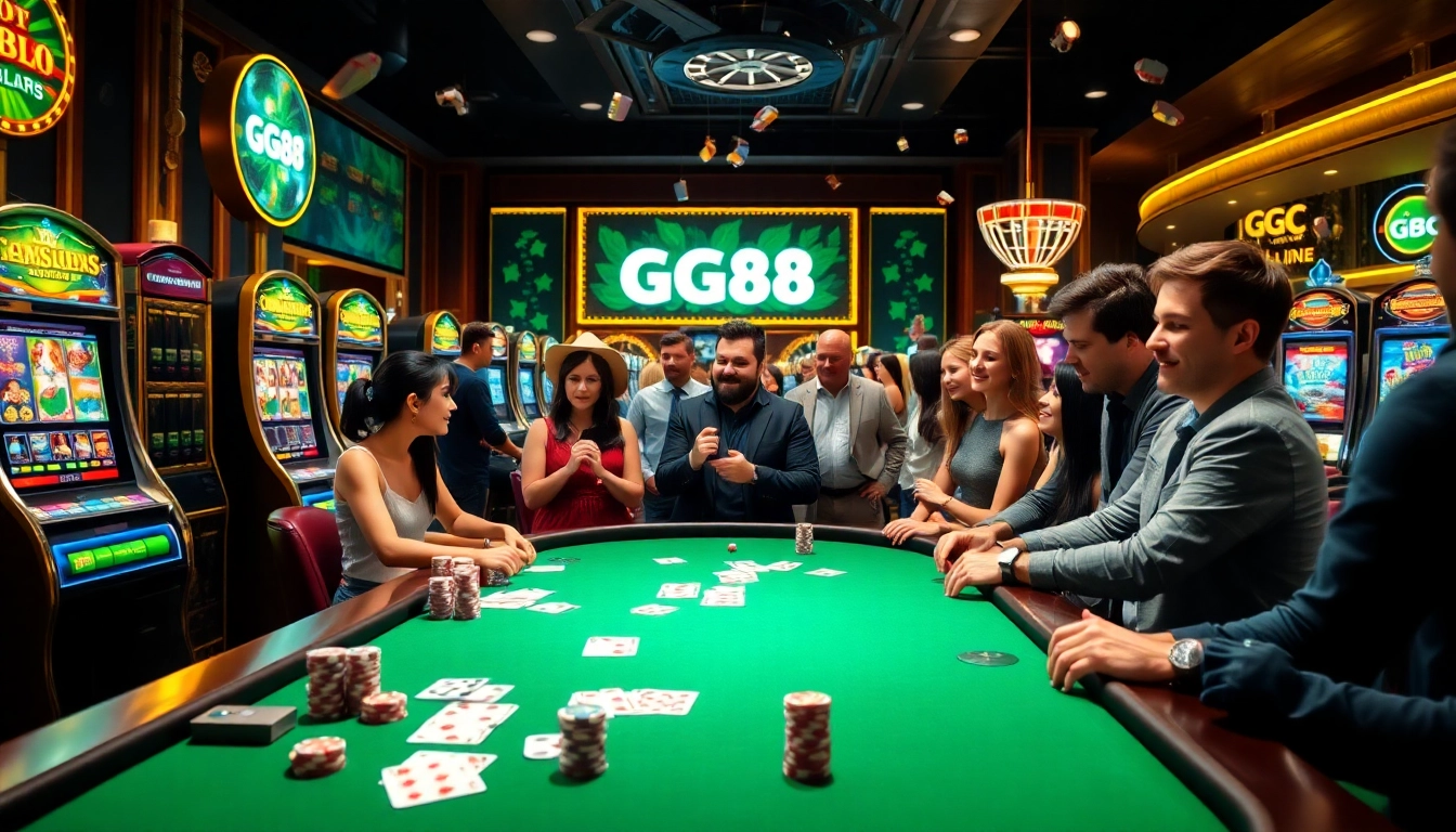 Exciting casino scene featuring players at GG88 poker tables with colorful chips and cards.