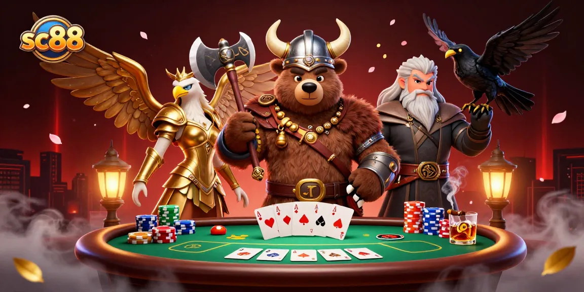 Engage with sc88's thrilling poker action featuring a Viking bear and Valkyrie eagle.