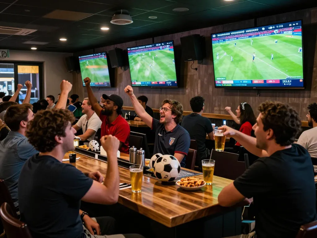 Socolive streaming live football matches in a lively sports bar atmosphere, fans celebrating