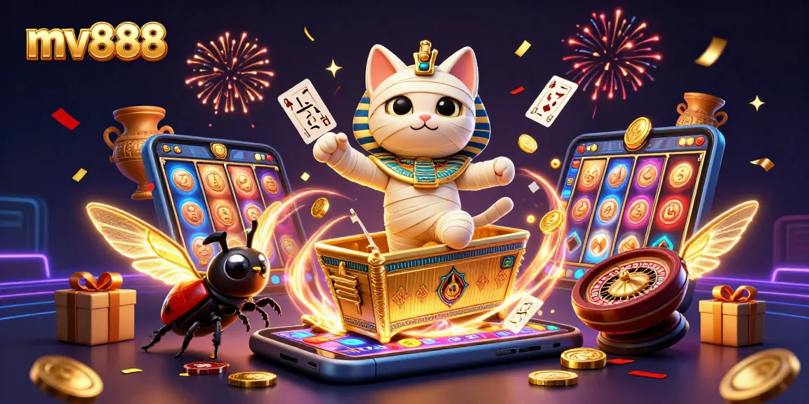 Engage with mv888 in an exciting casino adventure with a mummy cat and golden elements.