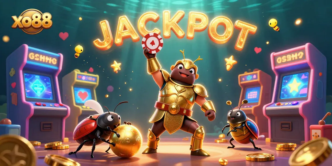 Win big with xo88 as a triumphant beetle celebrates jackpot victory amidst vibrant gaming chaos.
