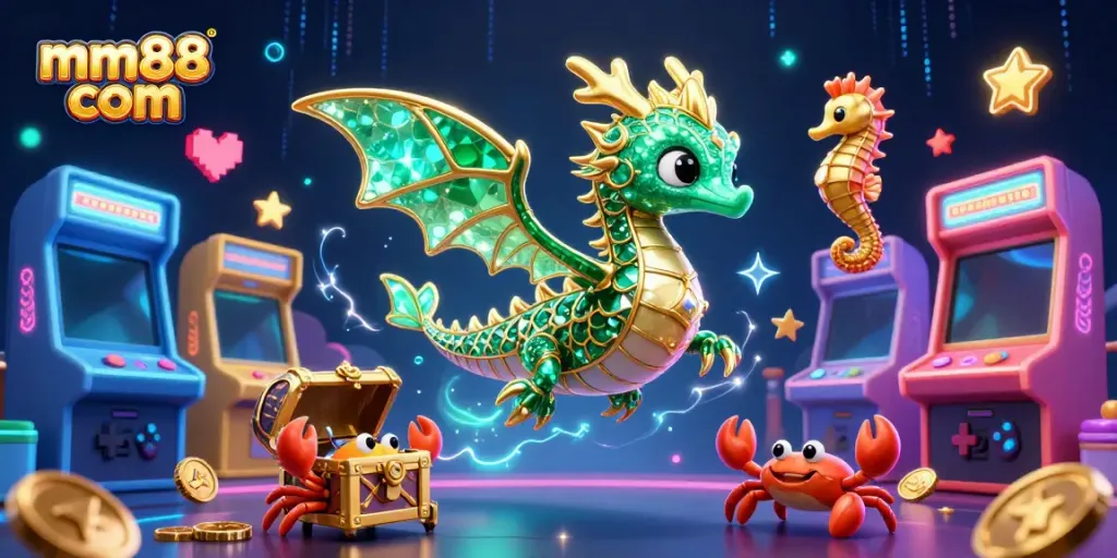 Engaging scene of a 3D cartoon sea dragon and seahorse guards promoting mm88 com casino excitement.
