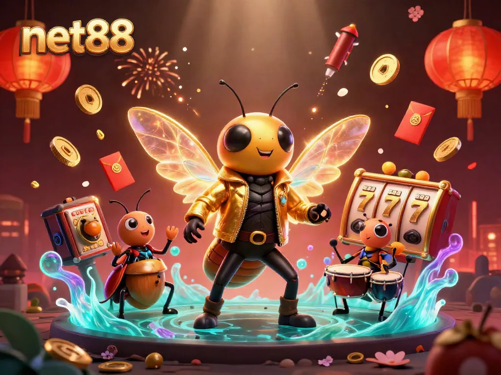 Invoke excitement at net88 with this vibrant 3D illustration featuring a cicada rock star and dynamic jackpot elements.