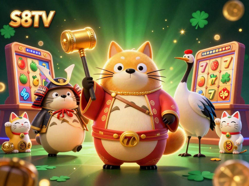 S8TV showcases a vibrant casino scene with a cheerful tanuki, colorful slot elements, and lucky cats for players.