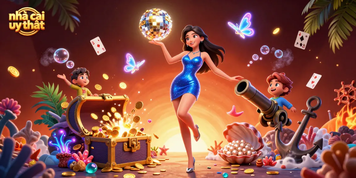 Experience excitement at nhà cái uy tín with a dynamic casino-themed scene featuring a glamorous dancer and vibrant game elements.