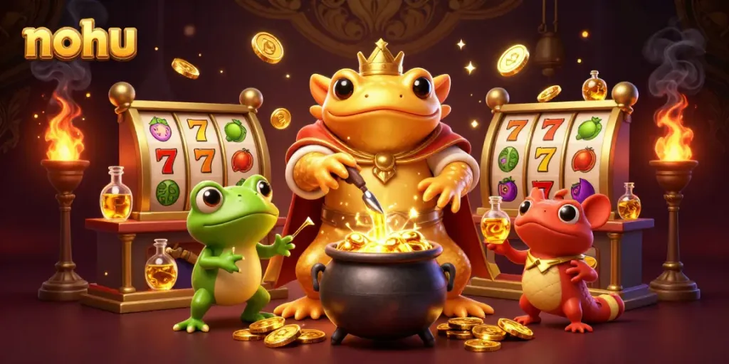 Nohu players discover gold coins and jackpots in a vibrant online casino scene with captivating characters.