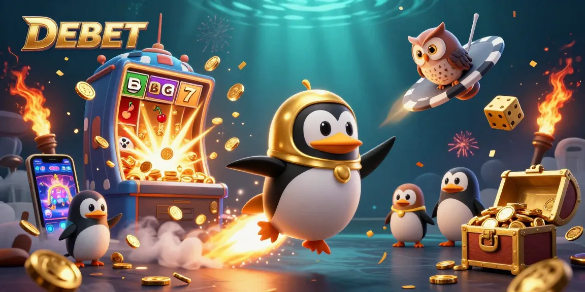Engage with DEBET's thrilling casino world, featuring a golden penguin and jackpot excitement!