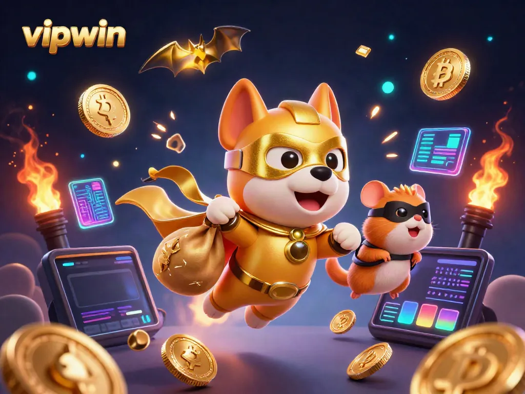Engage with the vibrant energy of vipwin as a superhero dog flies carrying gold coins amidst dazzling crypto elements.