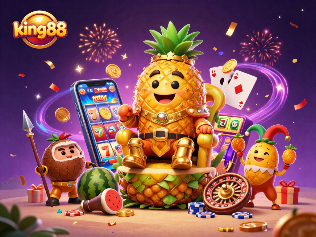 Experience thrilling gameplay at king88 with vibrant slot machines and festive characters in a magical casino atmosphere.
