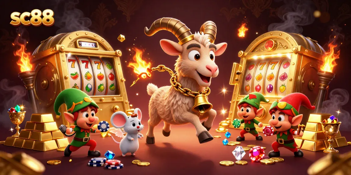 Win big at sc88's vibrant casino featuring a mystical Krampus goat, angel mouse, and elf gremlins.