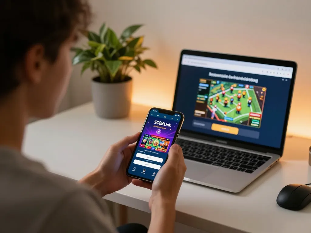 Engaging with SC88 Link in a stylish home office setting, showcasing online casino gameplay