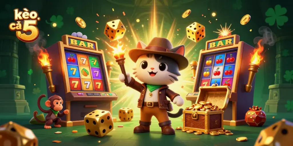 Experience thrilling adventures at kèo nhà cái 5 with explorers and golden artifacts in a vibrant casino scene.