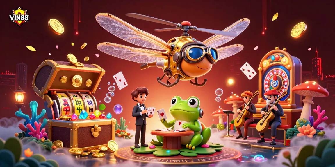 VIN88 immerses players in a vibrant 3D casino scene showcasing thrilling card games and dynamic slot elements.