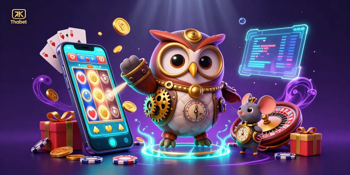 Engage with Thabet's vibrant gambling experience featuring a time-traveler owl amidst colorful gaming elements.