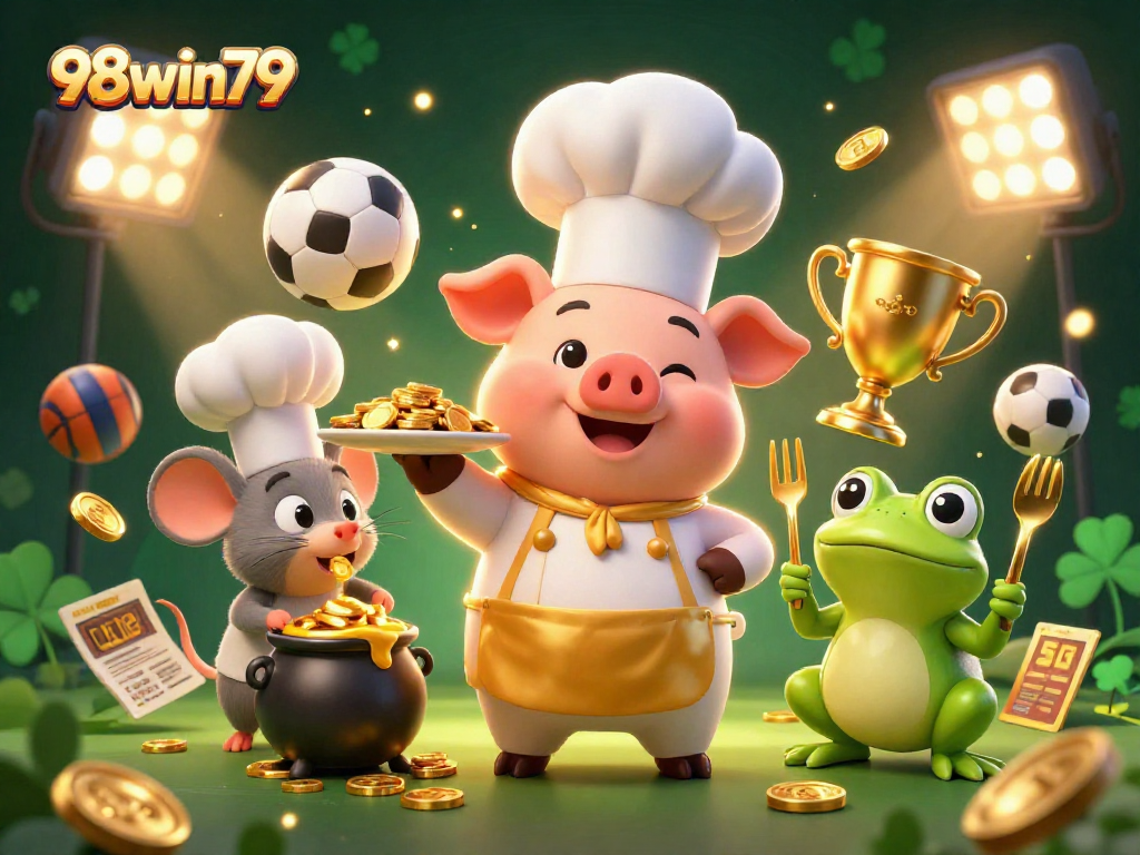 Engage with 98win79 casino offerings through an energetic 3D scene featuring chefs and sports elements.