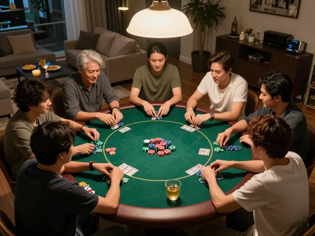 CM88 poker night scene with players engaged in a Texas Hold'em game, highlighting strategy and camaraderie.