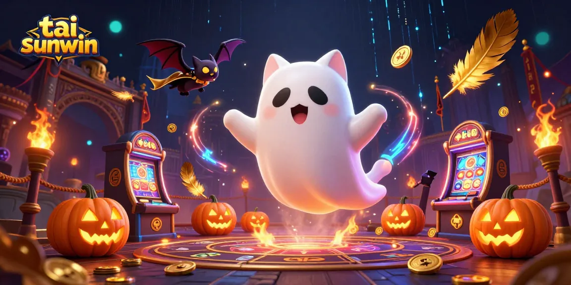 Experience tai sunwin with a friendly ghost cat and vibrant casino elements in a magical illustration.