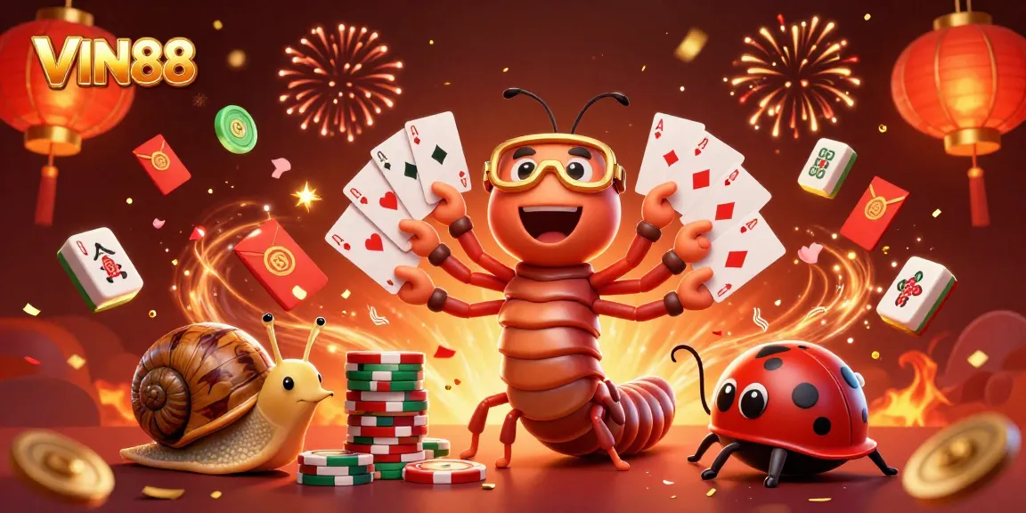 Join the excitement at VIN88 with a vibrant casino scene featuring unique characters amidst dynamic gaming elements.