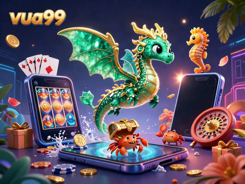 Experience exciting gaming with vua99, featuring a vibrant 3D sea dragon and casino elements.