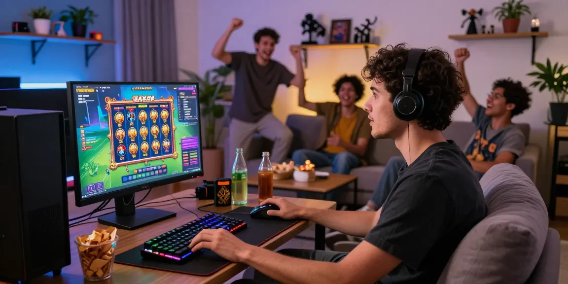 Engaged player enjoying a slot gacor game in a vibrant living room, with dynamic gaming setup and lively atmosphere