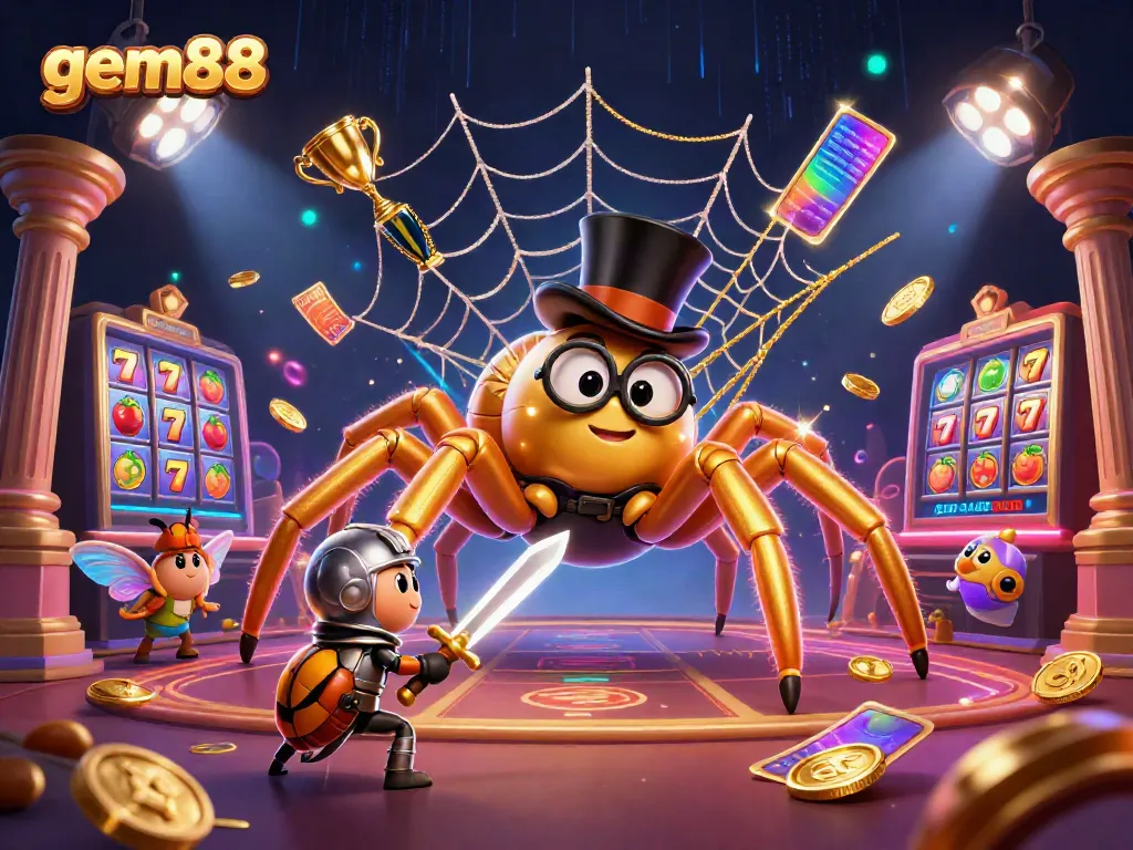 gem88 showcases a dynamic casino scene with a golden tarantula and beetle knight, illustrating thrilling gameplay.