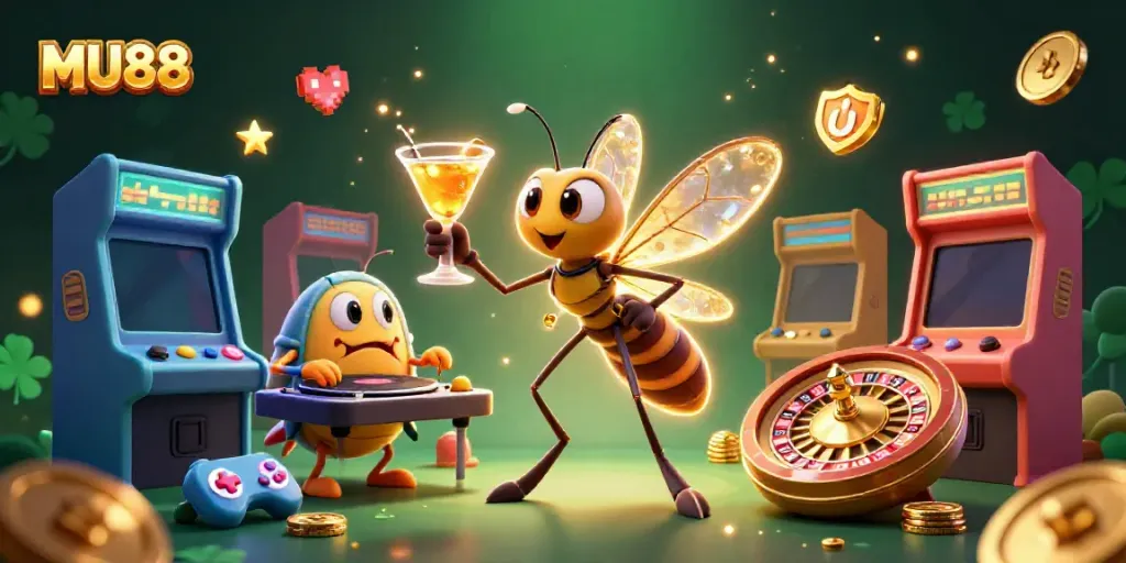 Experience the excitement of MU88 with a vibrant casino scene featuring unique characters and gaming elements.