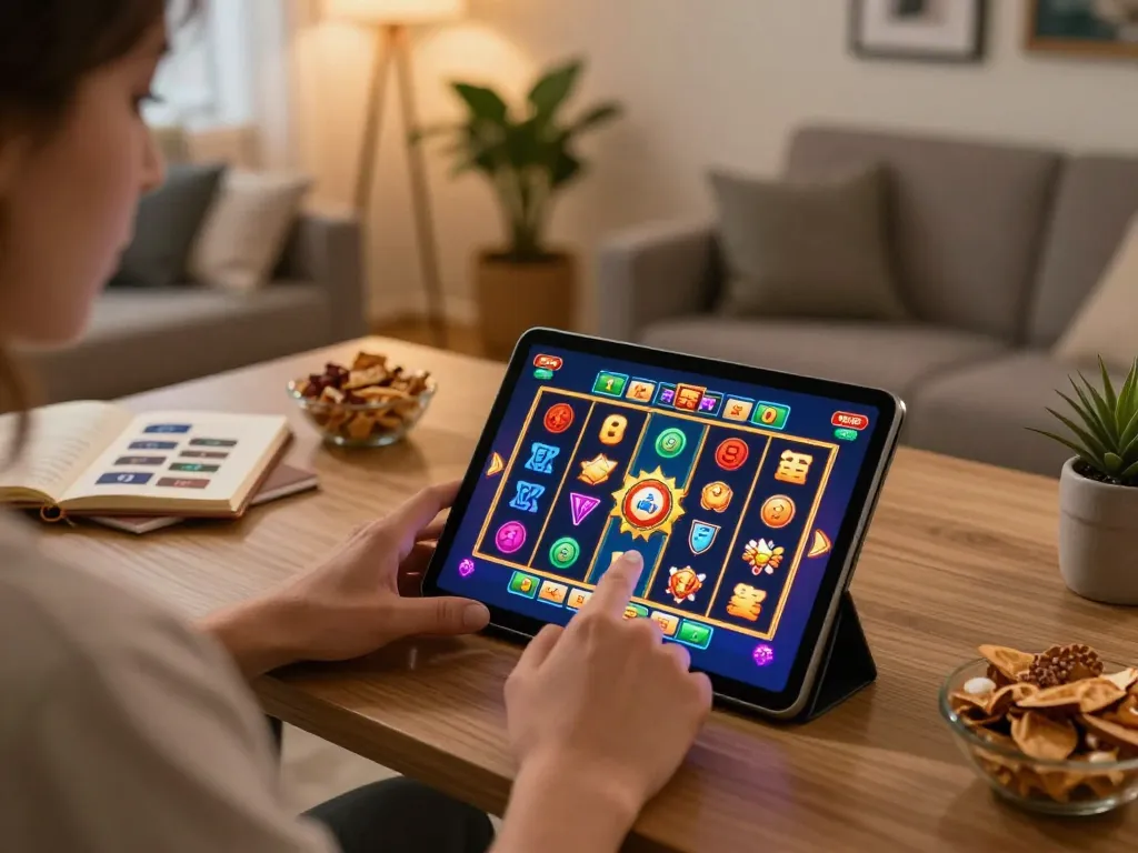 Engaging in a thrilling CM88 online slot game on a tablet with a cozy home atmosphere