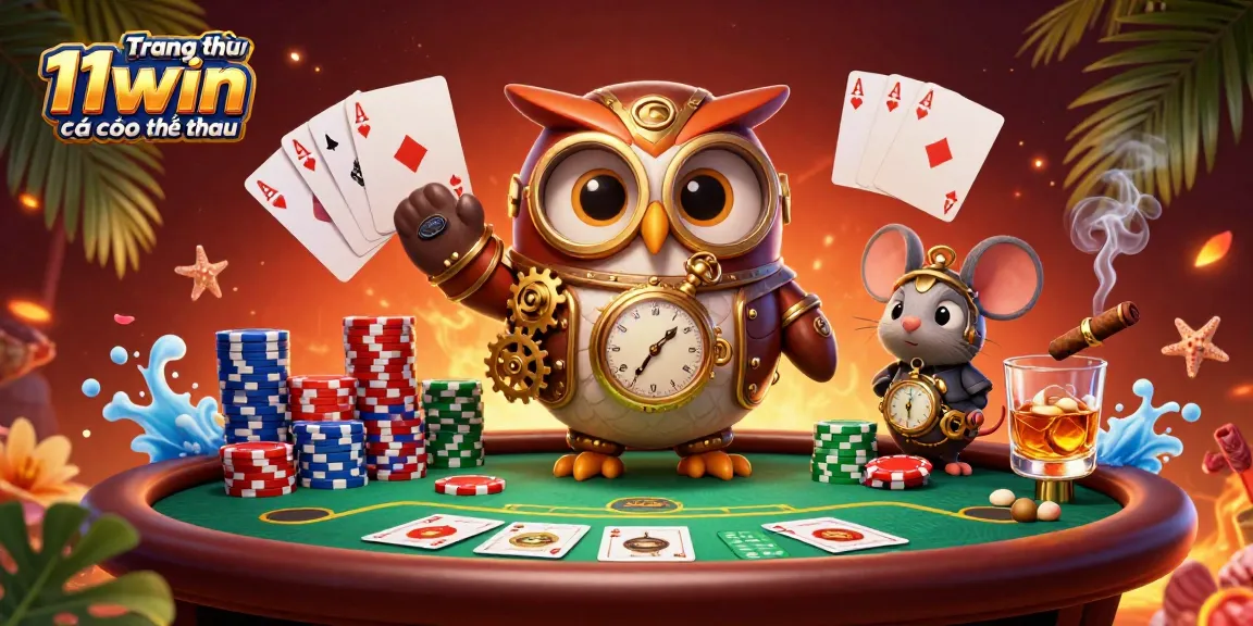 Experience the excitement of Trang chủ 11win cá cược thể thao with this vibrant casino scene featuring poker and character interactions.