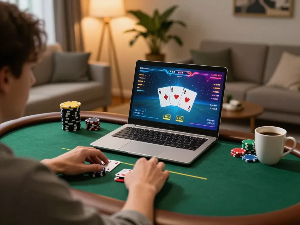 Engaged player using laptop for Jun888 online poker, demonstrating strategic gameplay and excitement.