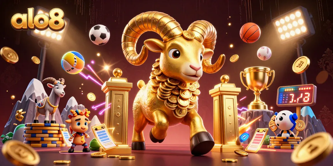 Experience thrilling sports betting at alo8 with dynamic 3D illustration of a golden ram charging through golden gates amidst flying sports balls and vibrant gaming elements.