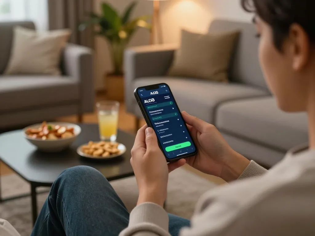 A person enjoys mobile sports betting with the ALO8 app in a cozy home setting, surrounded by snacks.