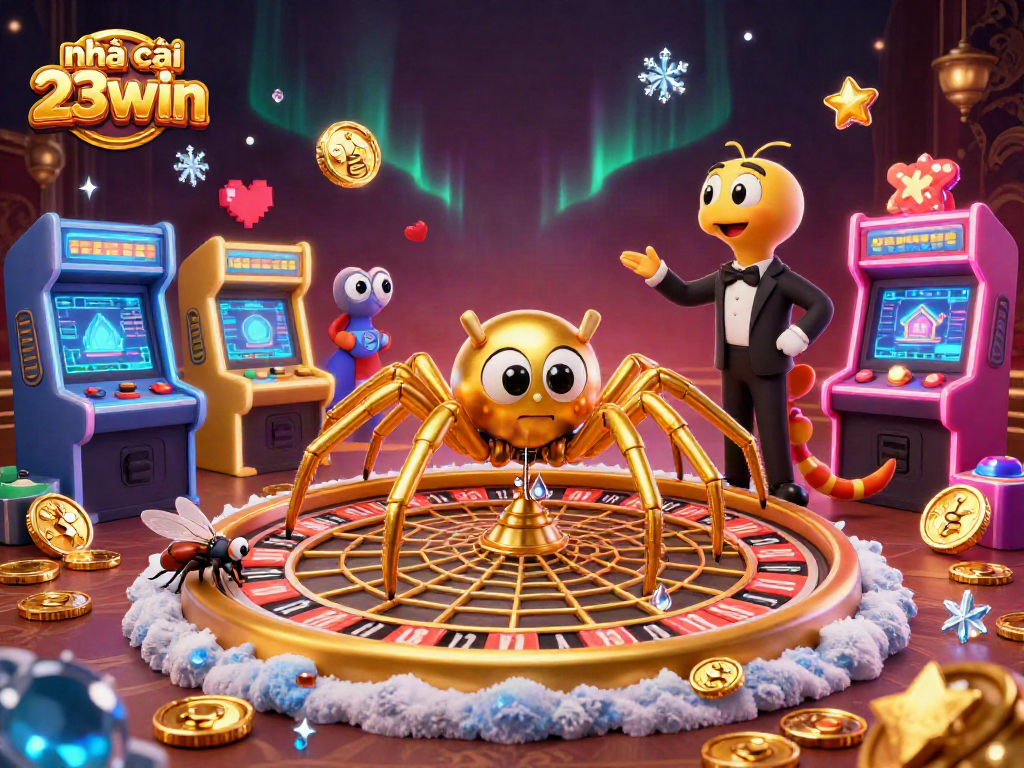 Engage at nhà cái 23win with a vibrant 3D casino scene featuring a golden spider and a centipede croupier.