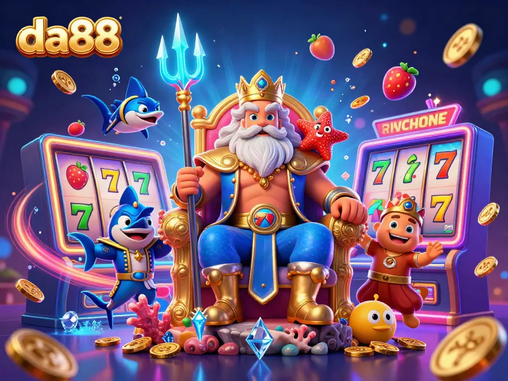Experience thrilling slot gaming excitement at da88 with the colorful 3D illustration of Neptune and vibrant casino themes.