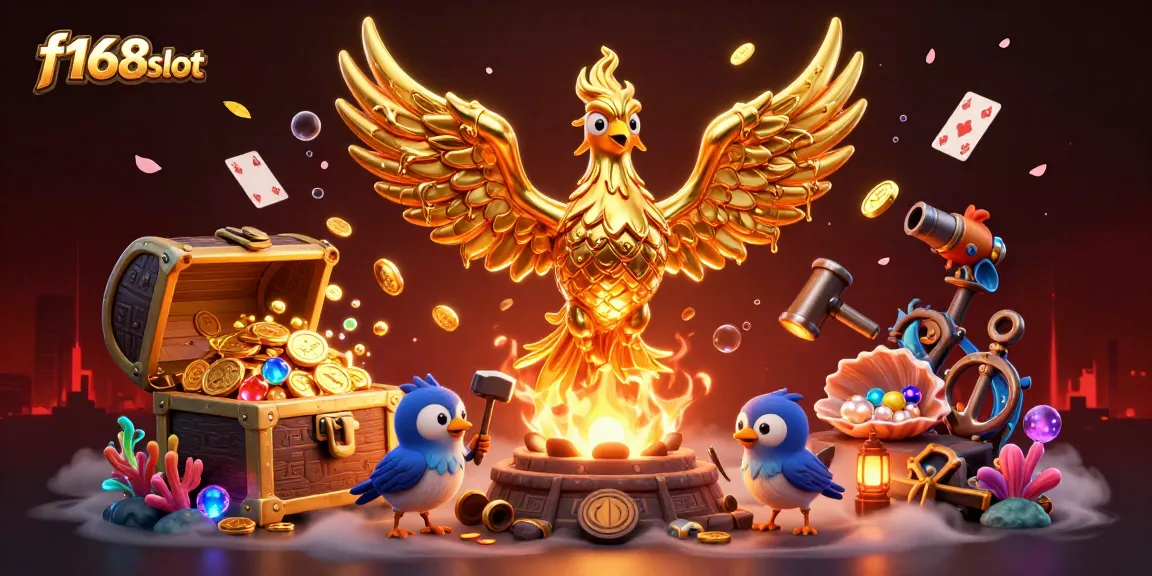 Experience the thrill of f168slot with a golden phoenix and vibrant casino elements in a dynamic 3D illustration.
