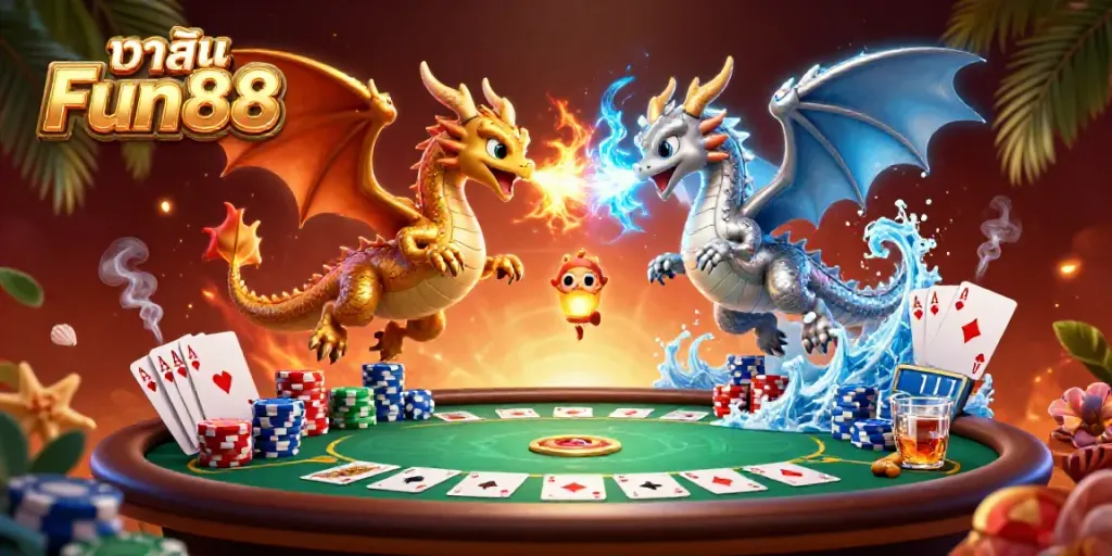 Experience thrilling action with คาสิโน Fun88 as dragons clash in a vibrant casino scene.