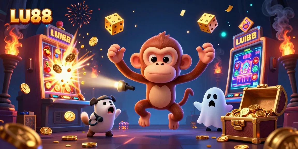 LU88 showcases a vibrant haunted casino scene with a mischievous monkey juggling gold, depicting exciting gambling action.