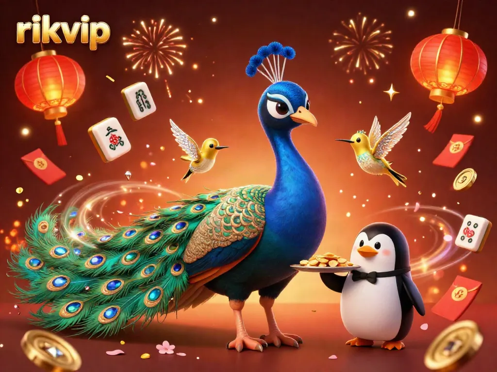 Win big at Rikvip with a vibrant 3D casino scene featuring colorful characters and festive elements.