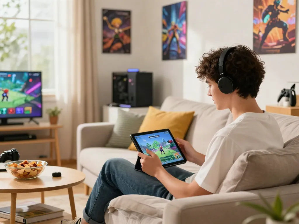 Engaging scene of a young adult enjoying ROKOK88 slot game in a cozy living room, highlighting entertainment and creativity.
