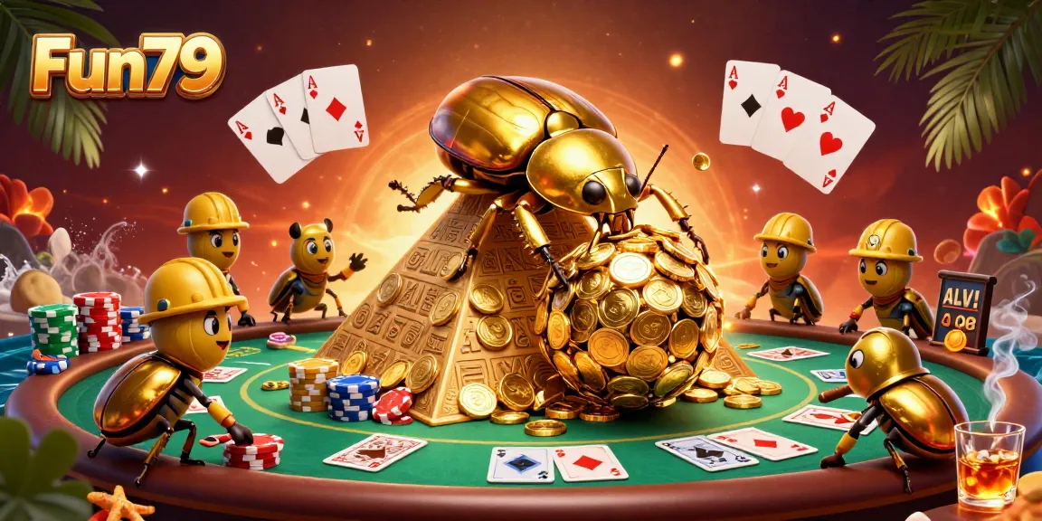 Engage with Fun79's thrilling gaming experience as golden beetles roll coins amidst vibrant casino symbols.