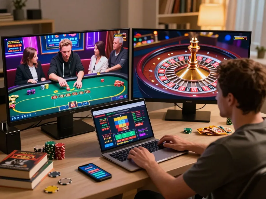 Engaging in thrilling gameplay on 77 WIN online casino, showing poker and roulette action