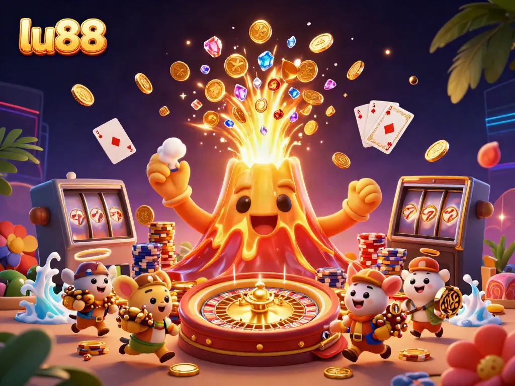 Play at lu88 with a dynamic scene of a golden volcano erupting coins and treasures amidst dazzling casino elements.