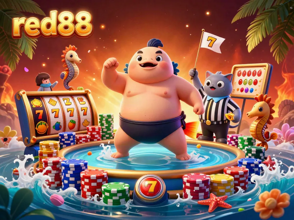 Experience the excitement of red88 with a vibrant underwater casino scene featuring a puffed-up fugu, a catfish referee, and cheering seahorses.